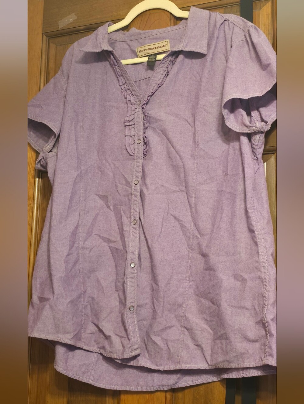 Ruff Hewn Lavender Ruffle-Trim Short Sleeve Button-Down Top